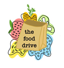cartoon illustration of a grocery bag that says the food drive on top of drawings of fruits and vegetables