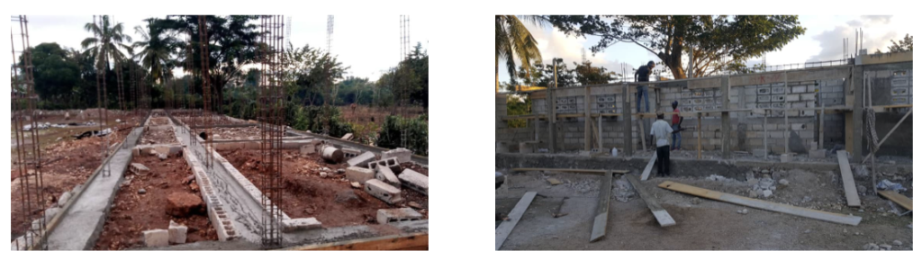 Two images of a school under construction in Haiti