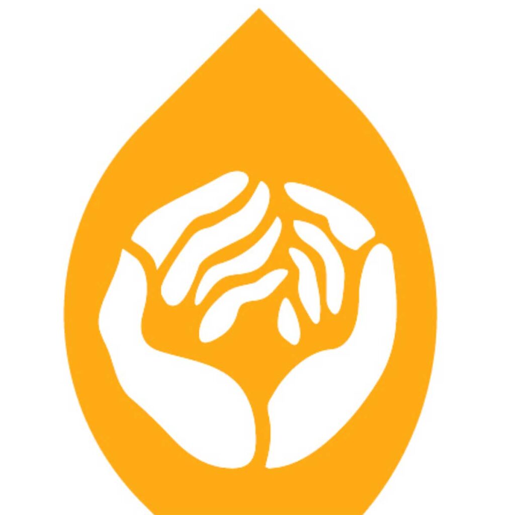 Gold teardrop with stylized hands in the middle